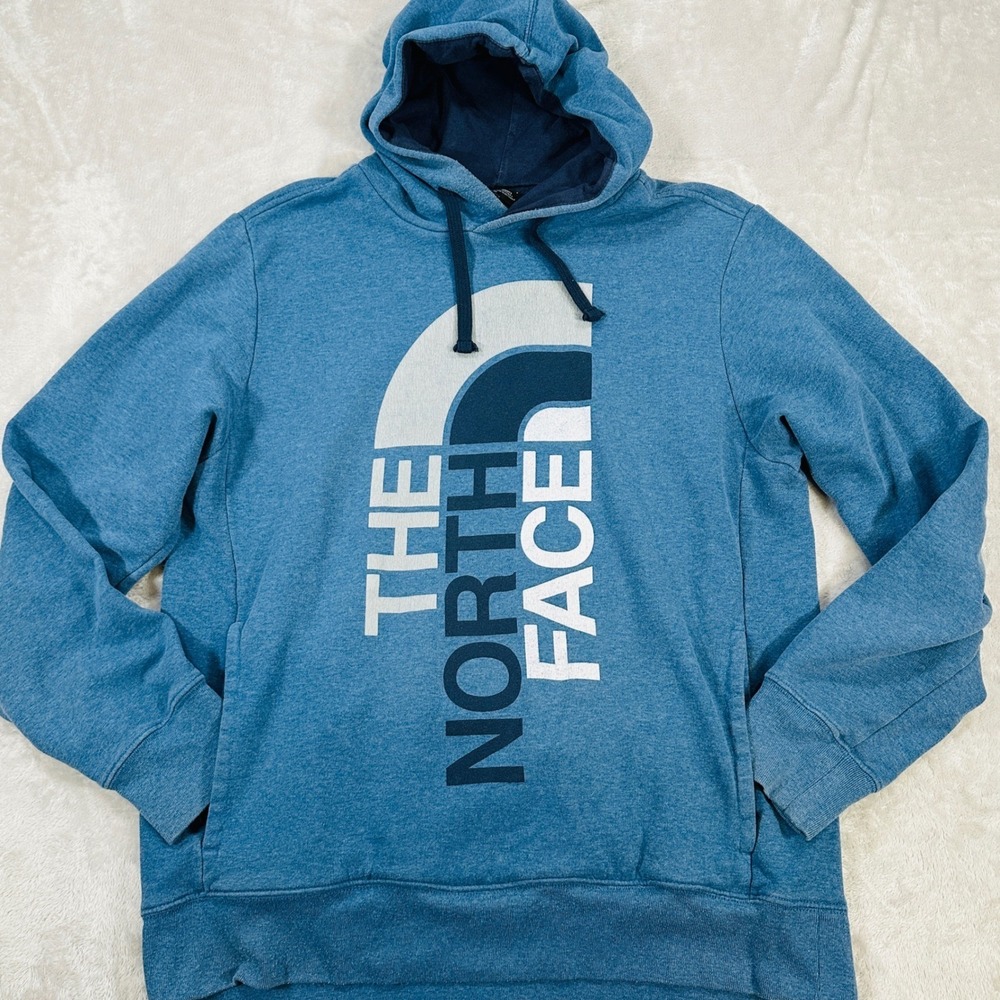 North Face Hoodie Mens Large Pullover Blue Heathered Graphic Kangaroo Logo